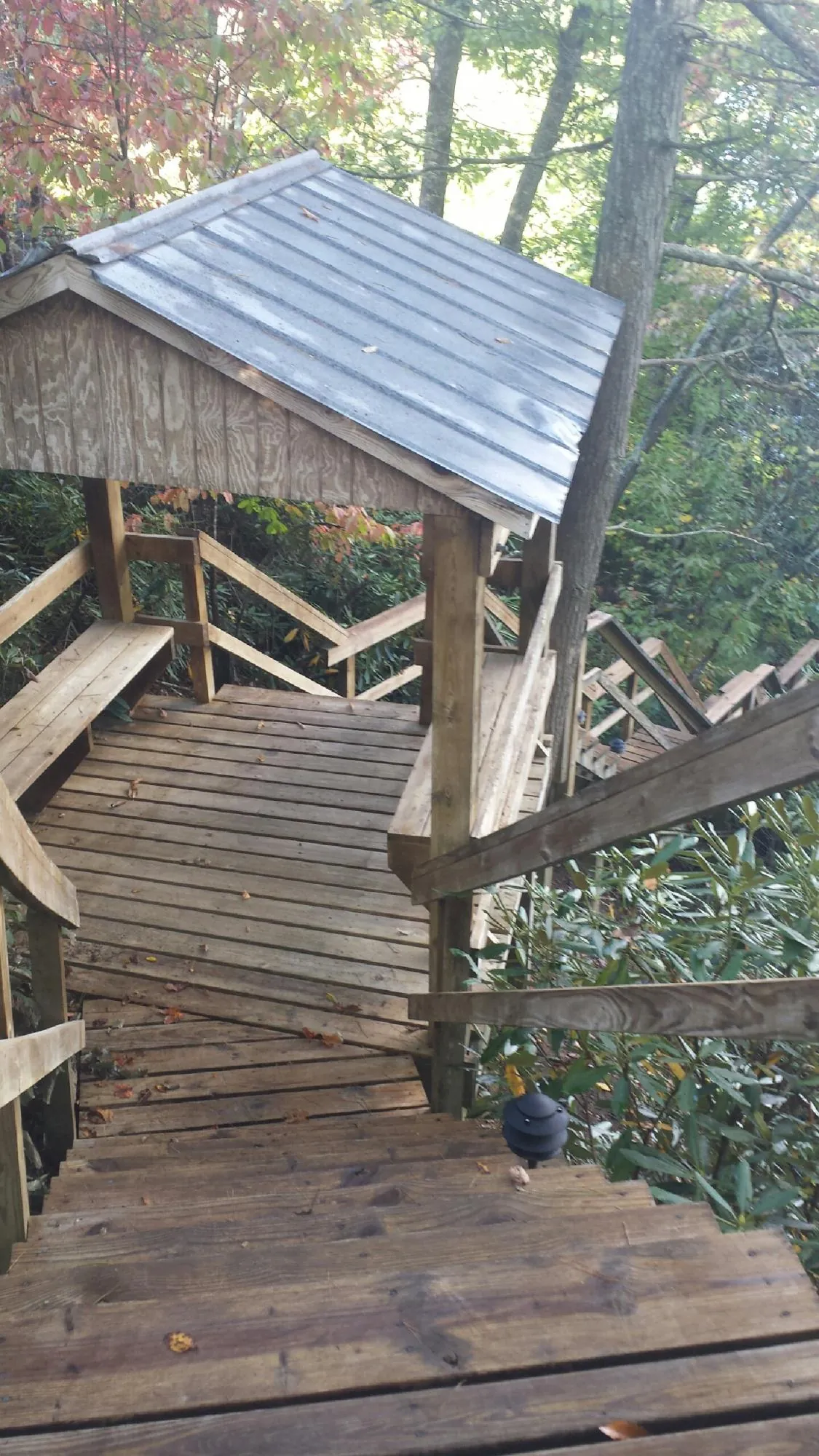 Metal roofed shelter over wooden steps on a wooded walkway — Skylight Repair & Installation work by our crew in Brownstown